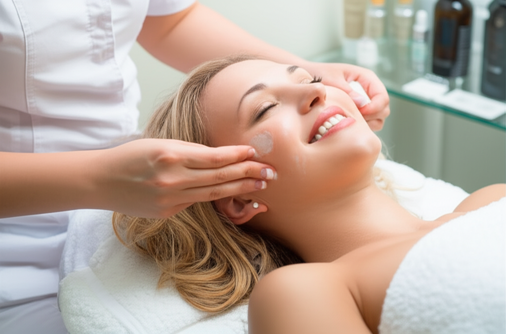 Blonde woman with wavy hair receiving premium facial treatment at Glo Skin Lounge